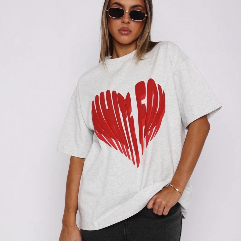 White Fox Boutique Gray Tee with Red Heart Design